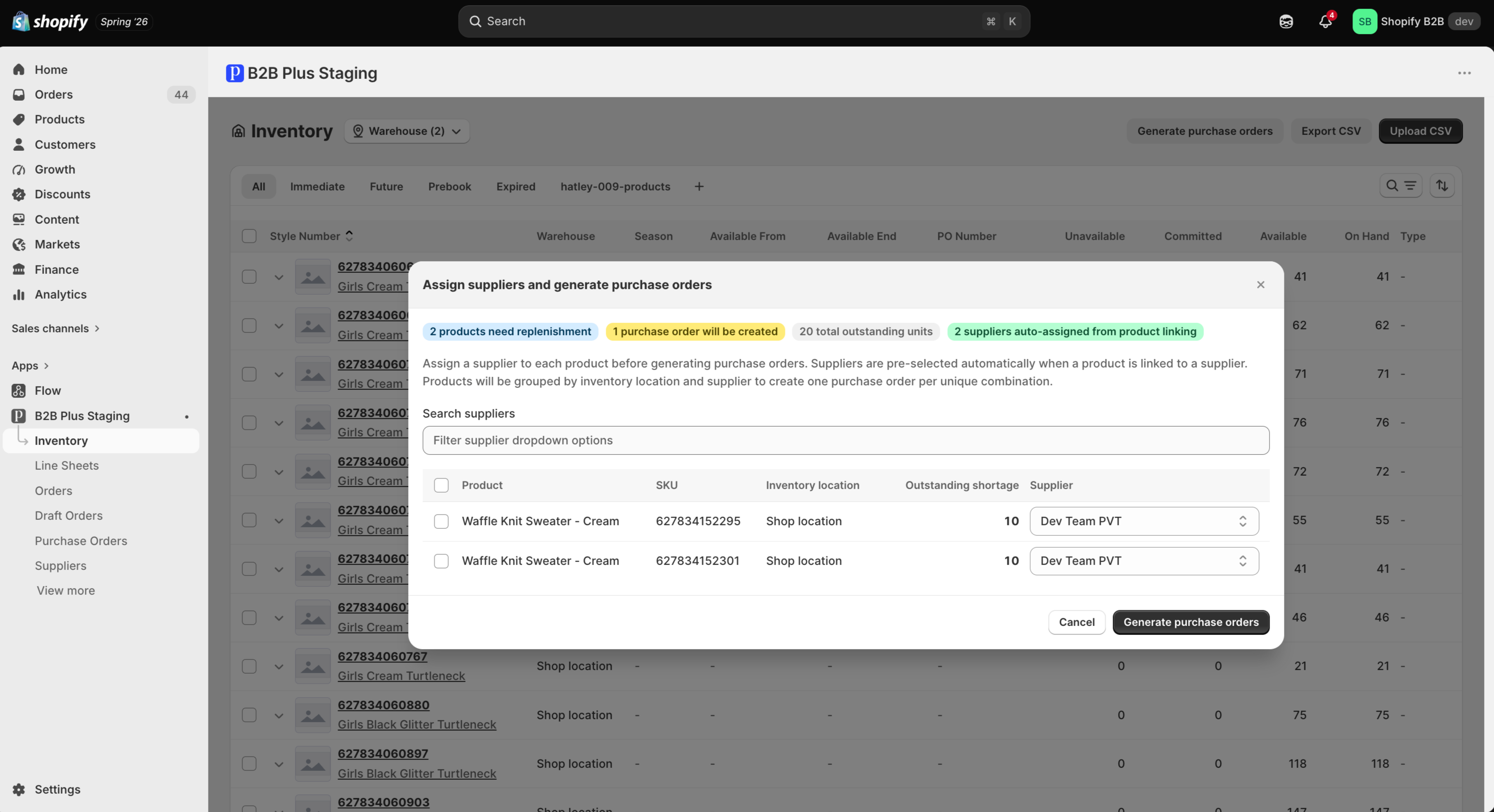 Generate purchase orders from negative or low inventory