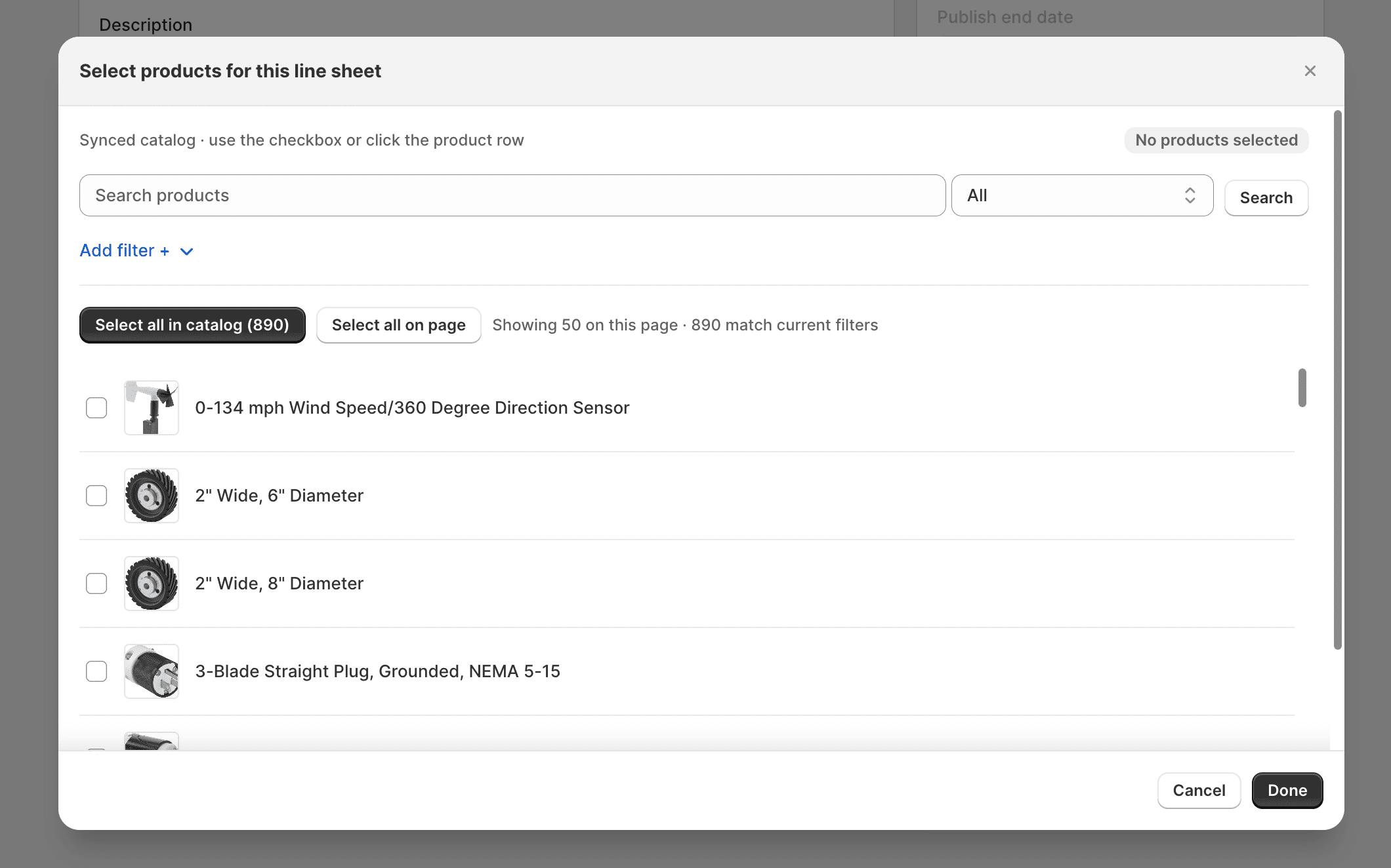 Select products for this line sheet modal with search, filters, and product rows